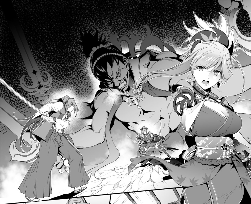 1girl assassin_(fate/stay_night) dual_wielding duel earrings fate/grand_order fate_(series) greyscale highres holding holding_sword holding_weapon japanese_clothes jewelry katana miyamoto_musashi_(fate/grand_order) monochrome obi ootachi ponytail sash sword weapon yoshiki360