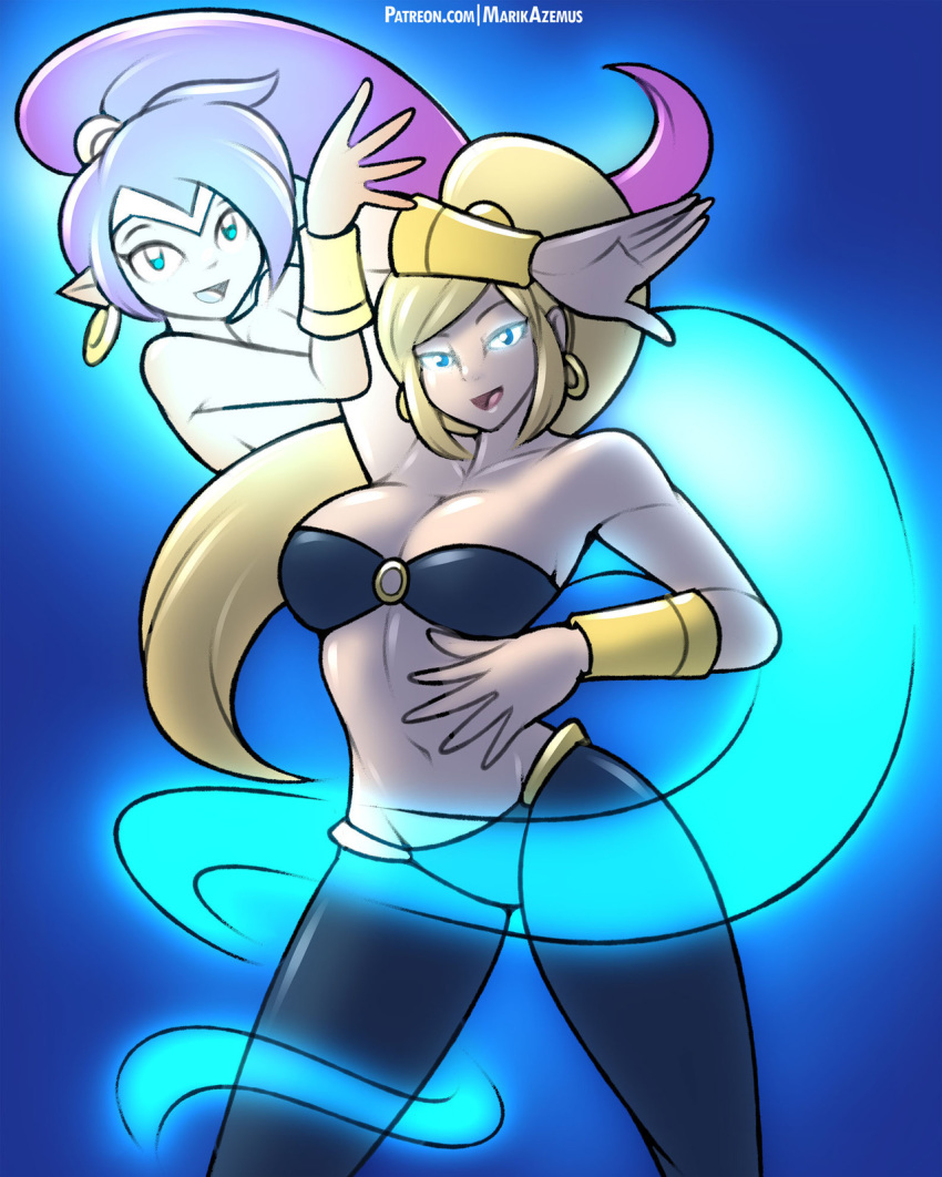 2girls abs absurdres arabian_clothes blonde_hair blue_background blue_eyes breasts cleavage earrings ghost happy highres jewelry large_breasts long_hair looking_at_viewer marik_azemus metroid multiple_girls navel nintendo ponytail pose posing possessed purple_hair samus_aran shantae_(character) shantae_(series) sideboob smile spirit super_smash_bros. super_smash_bros._ultimate toned wristband