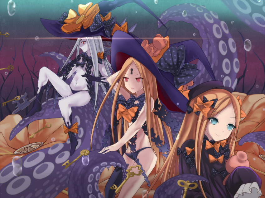 abigail_williams_(fate/grand_order) bangs black_bow black_dress black_hat black_panties blonde_hair blue_eyes bow dress eyebrows_visible_through_hair fate/grand_order fate_(series) gloves hair_bow hat highres key keyhole long_hair looking_to_the_side marionette_(excle) multiple_girls multiple_persona navel orange_bow panties parted_bangs polka_dot polka_dot_bow purple_bow red_eyes revealing_clothes smile stuffed_animal stuffed_toy teddy_bear tentacles underwear very_long_hair white_hair white_skin witch_hat