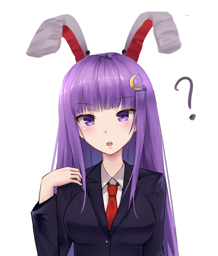 ? alternate_costume animal_ears bangs blunt_bangs blush breasts bunny_ears collar cosplay crescent crescent_hair_ornament danraz0r eyebrows_visible_through_hair hair_ornament highres long_hair looking_at_viewer medium_breasts necktie open_mouth patchouli_knowledge purple_eyes purple_hair red_neckwear reisen_udongein_inaba reisen_udongein_inaba_(cosplay) school_uniform simple_background solo spoken_question_mark touhou upper_body very_long_hair white_background