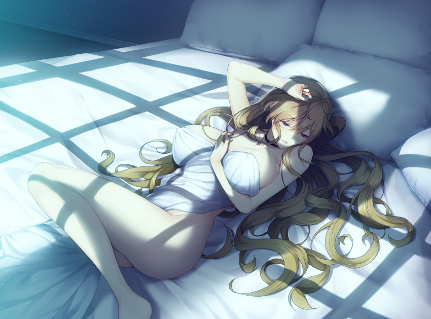 1girl arm_up armpits ass bed bed_sheet blonde_hair breasts breasts_apart choker closed_mouth covering covering_nipples deep_one_(game) erect_nipples feet game_cg highres houmatsu_yoruko indoors large_breasts legs light long_hair looking_down lying moonlight nail_polish natsuhiko night nude on_bed orange_nails original pillow pink_eyes scar shadow solo thighs