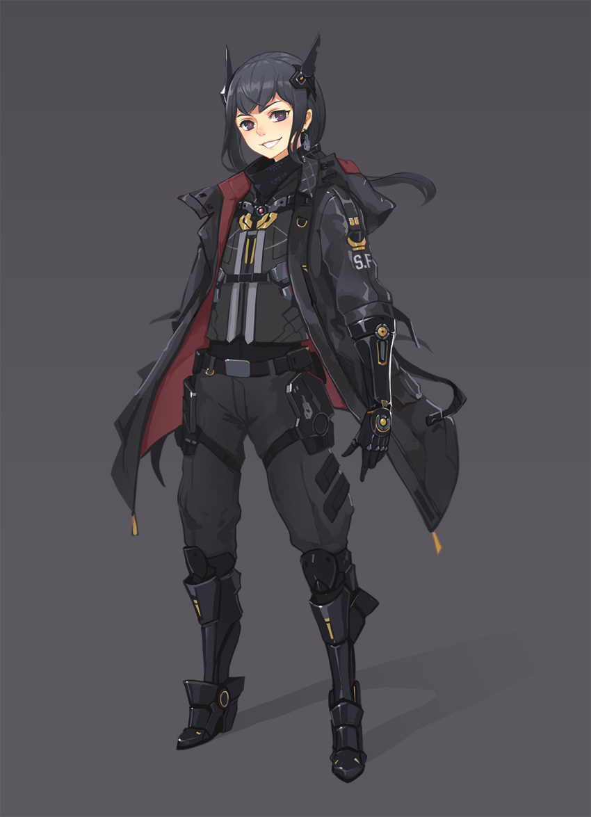 ambiguous_gender arms_at_sides belt black_coat black_eyes black_footwear black_hair black_pants body_armor coat commander_(girls_frontline) commentary_request earrings full_body girls_frontline grey_background grin headgear highres hood hood_down hooded_coat jewelry long_hair looking_at_viewer mechanical_parts open_clothes open_coat open_mouth pants sangvis_ferri shadow sima_naoteng simple_background smile solo standing teeth thigh_strap