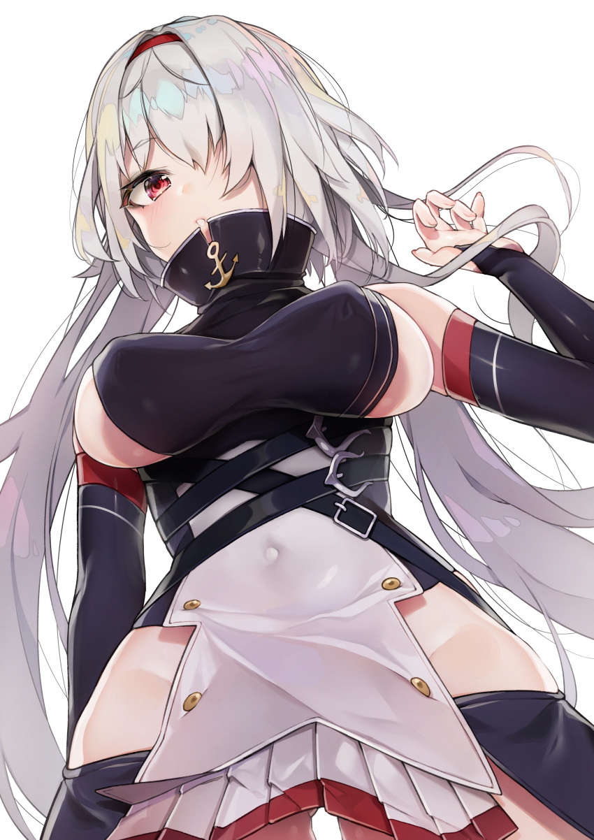 absurdres anchor_symbol arm_strap ass_visible_through_thighs azur_lane bangs belt belt_buckle belt_collar black_skirt blue_hairband breasts buckle colorado_(azur_lane) commentary_request covered_navel covered_nipples detached_sleeves dress elbow_gloves expressionless fingerless_gloves gloves groin hair_over_one_eye hairband hand_up highres jacket large_breasts long_hair looking_at_viewer medium_breasts multiple_straps open_mouth pelvic_curtain red_eyes sideboob sidelocks silver_hair simple_background skindentation skirt sleeveless sleeveless_dress solo white_background white_hair wide_sleeves yayoichi_(yoruyoru108)