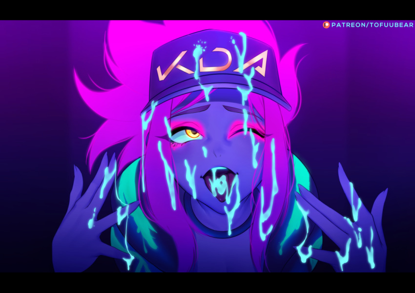 akali baseball_cap commentary cum cum_on_hair cum_string facial glowing hands hat idol inverted_colors jacket k/da_(league_of_legends) k/da_akali league_of_legends neon one_eye_closed open_mouth patreon_username pink_hair ponytail raver tofuubear tongue tongue_out ultraviolet_light yellow_eyes