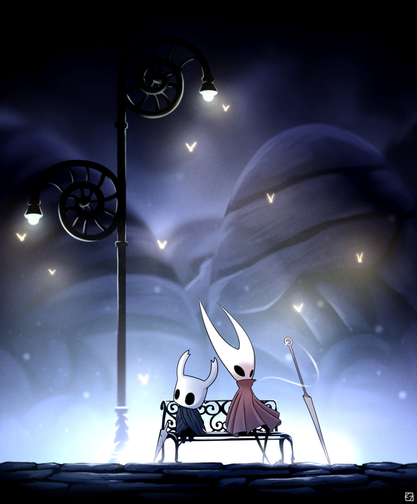 ambient_firefly ambient_insect arthropod bench cloak clothing duo firefly hollow_knight hornet_(hollow_knight) insect mask melee_weapon nail_(weapon) needle outside protagonist_(hollow_knight) realthundersalt_(artist) sitting spooky street_lamp sword thread weapon