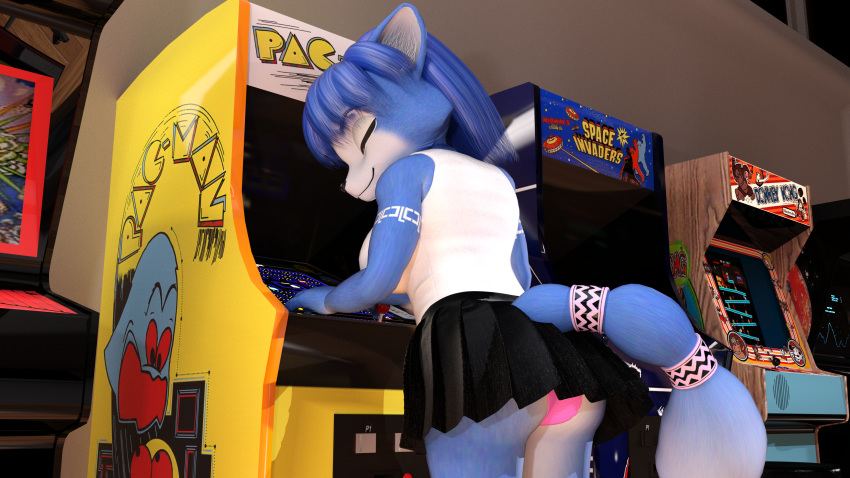 2018 3d_(artwork) anthro arcade black_nose blue_fur blue_hair breasts butt canine clothed clothing daz3d digital_media_(artwork) donkey_kong_(series) female fox fur hair hi_res krystal mammal miniskirt nintendo pac-man pac-man_(series) panties skirt smile solo space_invaders star_fox torqueemup underwear upskirt video_games