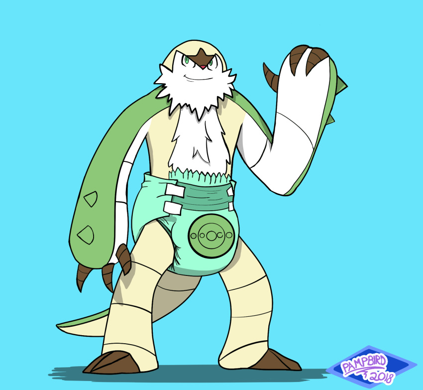 2018 beard cel_shading chesnaught clothed clothing diaper digital_media_(artwork) facial_hair feral fur green_eyes male mammal nintendo pampbird_(artist) pok&eacute;mon pok&eacute;mon_(species) shell signature simple_background solo spikes standing thumbs_up video_games white_fur