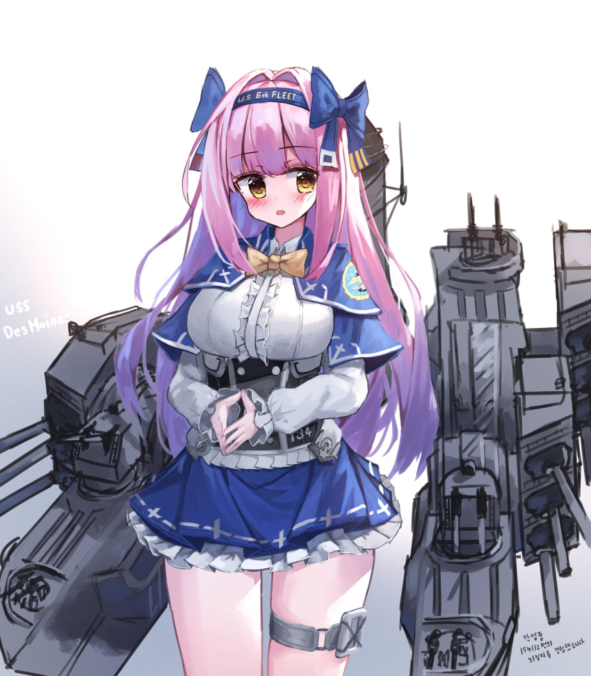 absurdres blue_bow blue_capelet blue_hairband blue_skirt blush bow breasts brown_eyes cannon capelet center_frills commentary_request cowboy_shot frilled_skirt frills gradient gradient_background grey_background hair_bow hairband head_tilt highres korean korean_commentary large_breasts long_hair machinery original parted_lips personification pink_hair pleated_skirt revision shirt sketch skirt solo standing steepled_fingers tandohark thigh_strap translation_request turret underbust uss_des_moines_(ca-134) very_long_hair white_background white_shirt