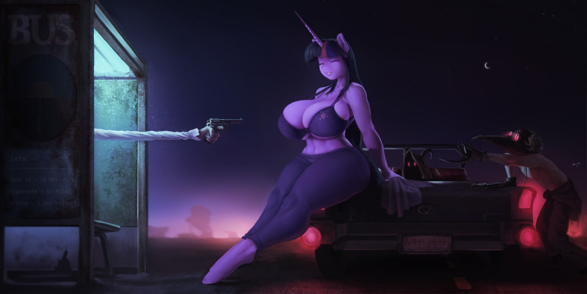 anthro big_breasts bra breasts bus_stop car cleavage clothed clothing demon equine eyes_closed friendship_is_magic gun horn long_arm maarthul mammal my_little_pony night ranged_weapon smile surreal twilight_sparkle_(mlp) underwear unicorn vehicle weapon what yoga_pants