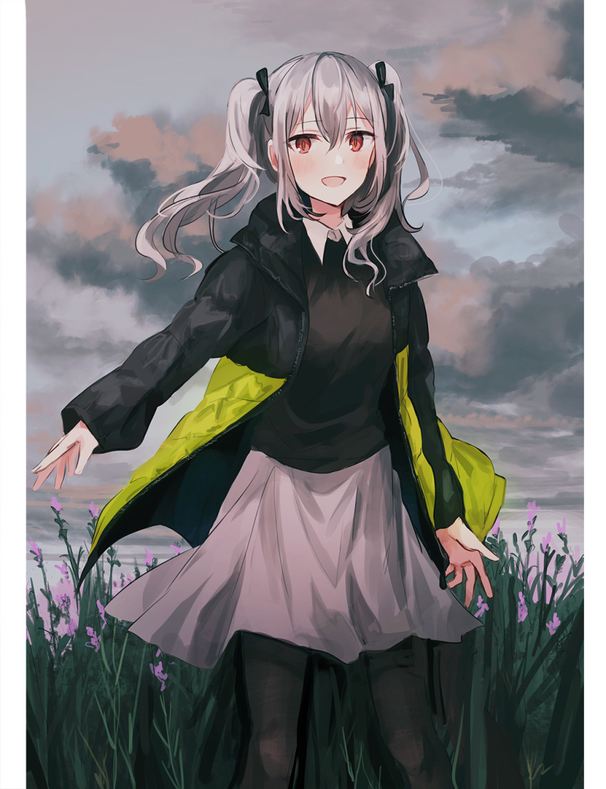 :d bangs black_bow black_jacket black_legwear black_sweater blush bow character_request chihuri cloud cloudy_sky collared_shirt day eyebrows_visible_through_hair flower hair_between_eyes hair_bow highres jacket lavender_quartz long_hair long_sleeves looking_at_viewer open_clothes open_jacket open_mouth outdoors overcast pantyhose pink_flower red_eyes shirt sidelocks silver_hair sky sleeves_past_wrists smile solo standing sweater twintails white_shirt