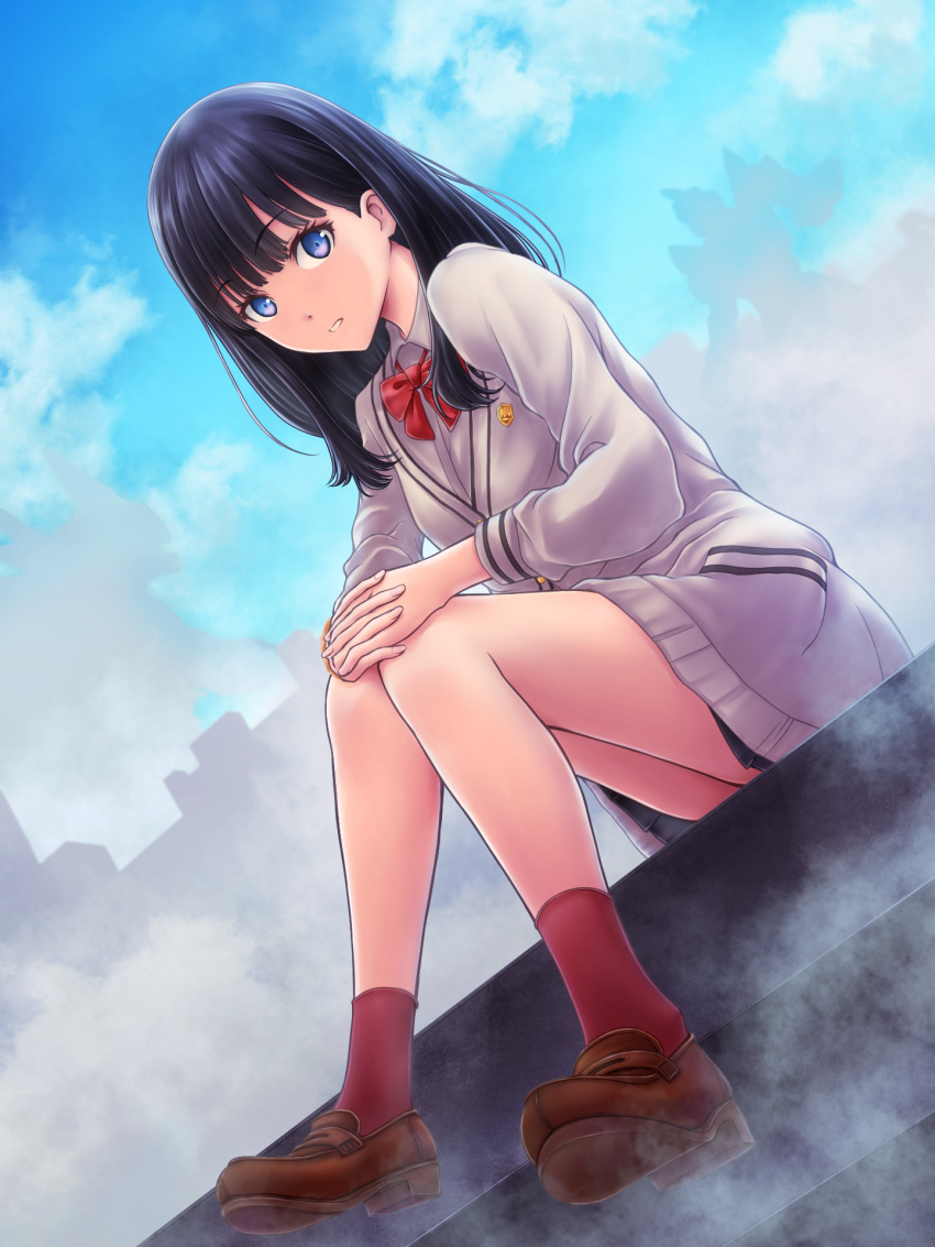 badge bangs black_hair black_skirt blue_eyes bow bowtie breasts brown_footwear cardigan cloud collared_shirt dutch_angle eyebrows eyebrows_visible_through_hair fog hand_on_own_knee highres i-mixs jacket long_hair looking_at_viewer medium_breasts parted_lips pleated_skirt red_legwear red_neckwear shirt shoes silhouette skirt sky solo ssss.gridman stairs takarada_rikka teeth thighs white_cardigan