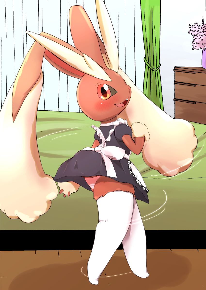 absurd_res amber_eyes apron bed blush buckteeth clothed clothing curtains dress female full_body happy hi_res inside lagomorph legwear looking_at_viewer lopunny maid_uniform mammal motion_lines nintendo open_mouth panties pok&eacute;mon pok&eacute;mon_(species) smile solo standing teeth thigh_highs underwear uniform upskirt vcrow_shuu video_games