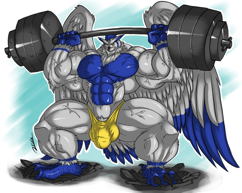 anthro avian bulge clothing exercise hyper hyper_muscles male muscular muscular_male pubes rhinoking solo standing underwear veiny_muscles weightlifting workout