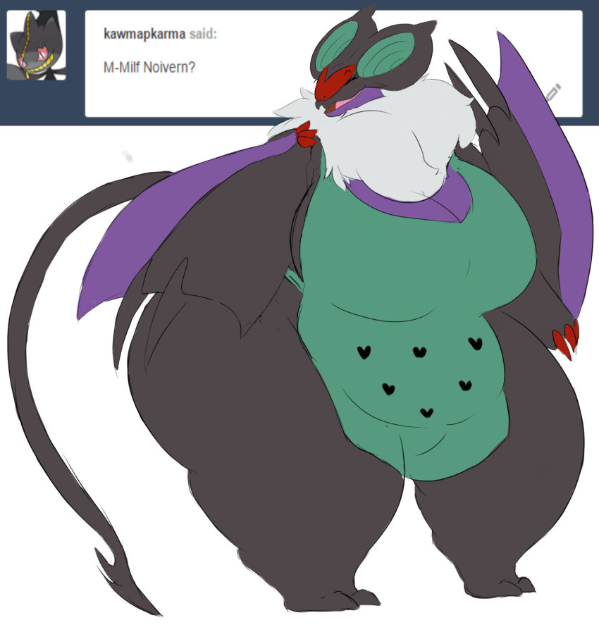 &lt;3 apron banette bat big_breasts big_ears big_tail breasts claws cleavage clothed clothing dragon english_text eyelashes female fur mammal mature_female mega_banette mega_evolution nintendo noivern overweight pok&eacute;mon pok&eacute;mon_(species) rakashama text thick_thighs video_games white_fur wide_hips wings