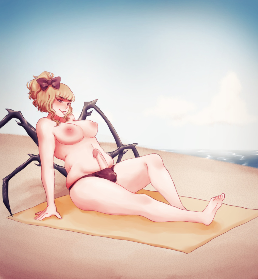 1girl beach futanari insect_girl orz_(kagewaka) penis spider_girl spider_legs tongue tongue_out topless