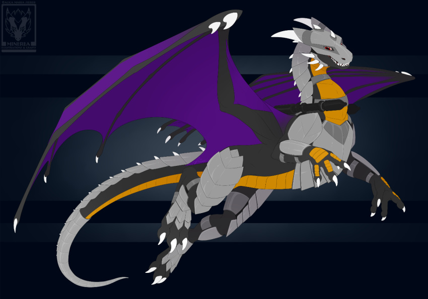 2018 4_toes ambiguous_gender anrhok armor black_background black_skin claws curved_horn digital_media_(artwork) dragon feral flying full-length_portrait grey_scales horn looking_down membranous_wings minerea orange_scales panzerfaust pattern_background pinkdragonlove plate_armor portrait purple_skin quadruped ranged_weapon red_eyes rocket_launcher scales scalie sharp_claws sharp_teeth side_view simple_background smaller_version_at_source smile smooth_horn solo spikes spread_wings striped_background teeth toe_claws toes watermark weapon western_dragon white_claws white_horn wings