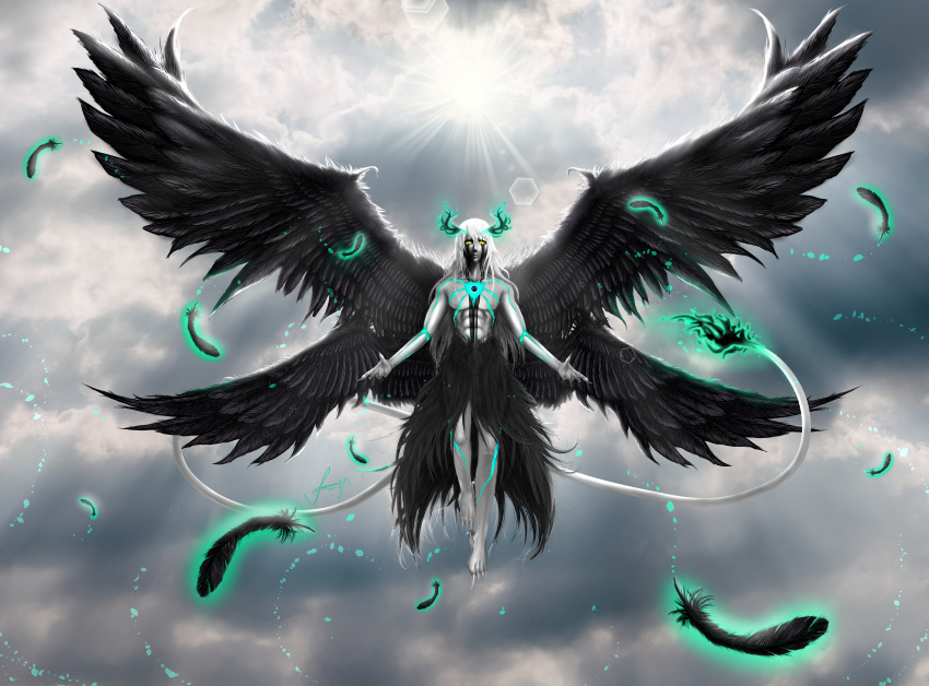 1boy absurdres alternate_design alternate_universe arrancar black_hair bleach cloud cloudy_sky espada facial_mark fallen_angel feathered_wings feathers fingernails fire green_fire highres hollow huge_filesize large_wings long_fingernails long_hair lucifersangel369 male_focus multiple_wings sky solo sun tail ulquiorra_cifer very_long_hair what_if white_hair white_skin wings yellow_eyes