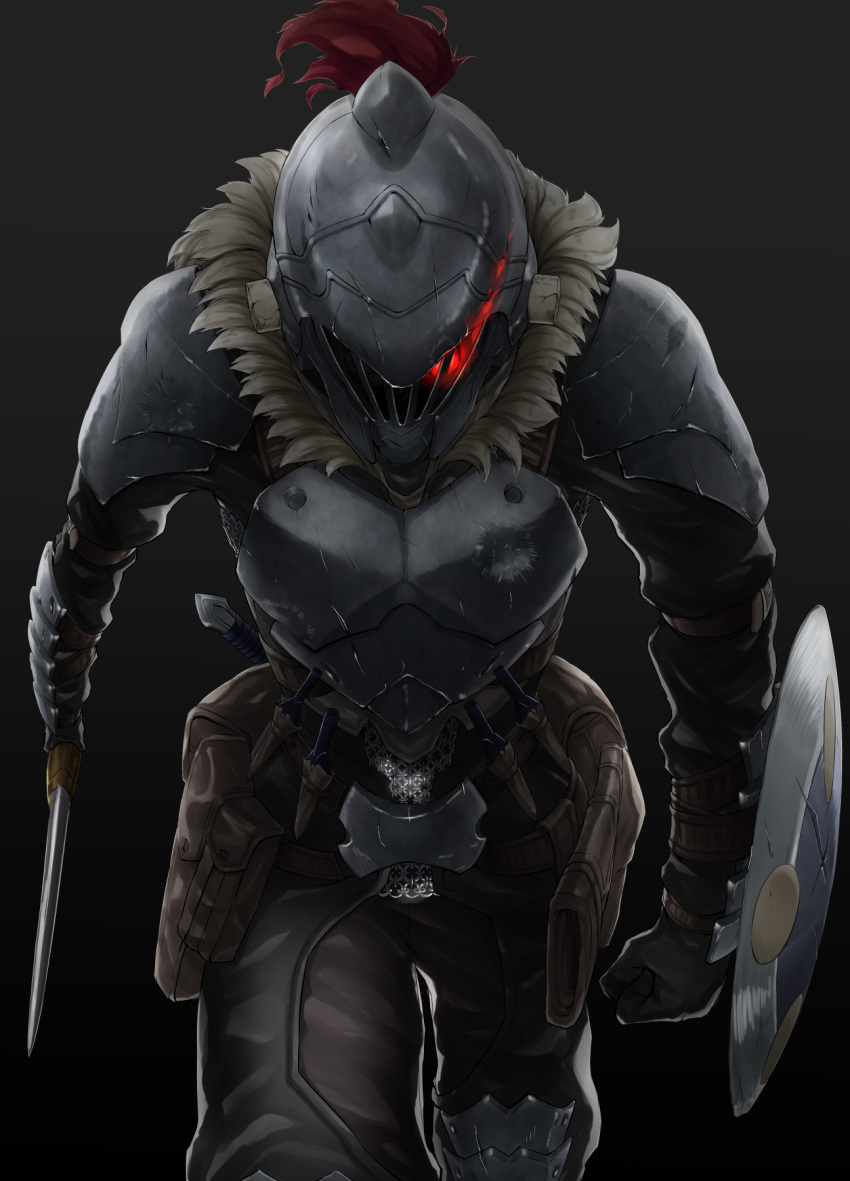 armor black_background buckler clenched_hand commentary_request full_armor fur_collar fur_trim glowing glowing_eye goblin_slayer goblin_slayer! helmet highres holding holding_sword holding_weapon knight looking_at_viewer male_focus plume red_eyes shield simple_background solo standing sword v_r_dragon01 weapon