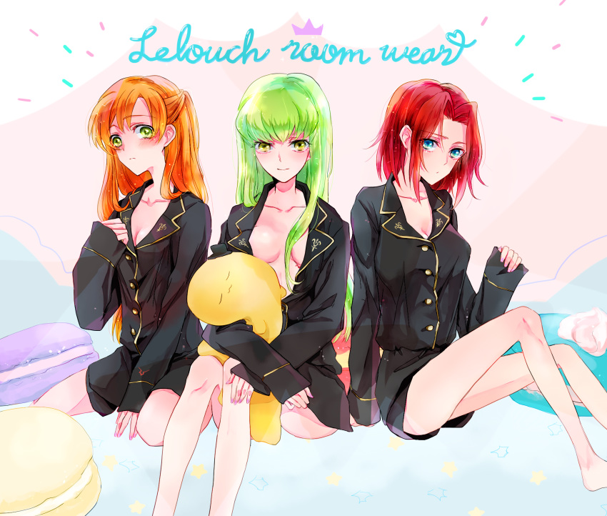 alternate_costume ashford_academy_uniform blue_eyes blush breasts c.c. cheese-kun cleavage code_geass commentary_request eyelashes green_eyes green_hair hair_intakes highres ilohasvio kallen_stadtfeld large_breasts long_hair looking_at_viewer medium_breasts multiple_girls nail_polish no_bra open_clothes open_shirt orange_hair pink_nails red_hair school_uniform shirley_fenette short_hair sitting very_long_hair yellow_eyes