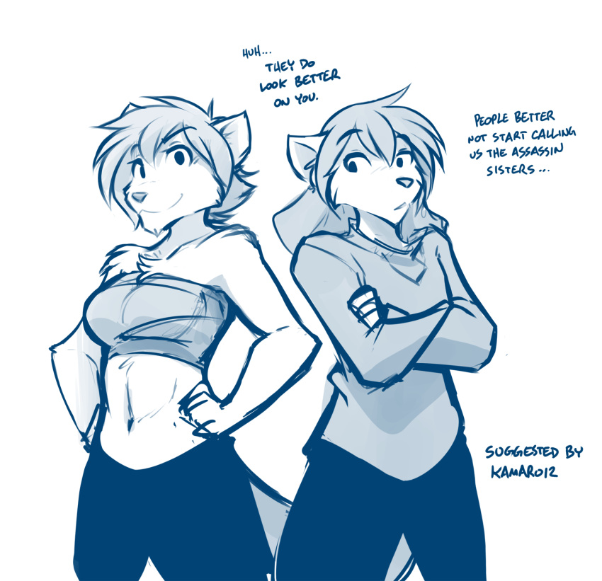 2018 ambiguous_gender anthro breasts canine chest_tuft chest_wraps cleavage clothed clothing crossed_arms crossgender dialogue duo english_text female hands_on_hips hi_res keidran looking_aside mammal midriff monochrome natani sibling simple_background sketch smile text tom_fischbach tuft twokinds webcomic white_background wolf wraps zen_(twokinds)