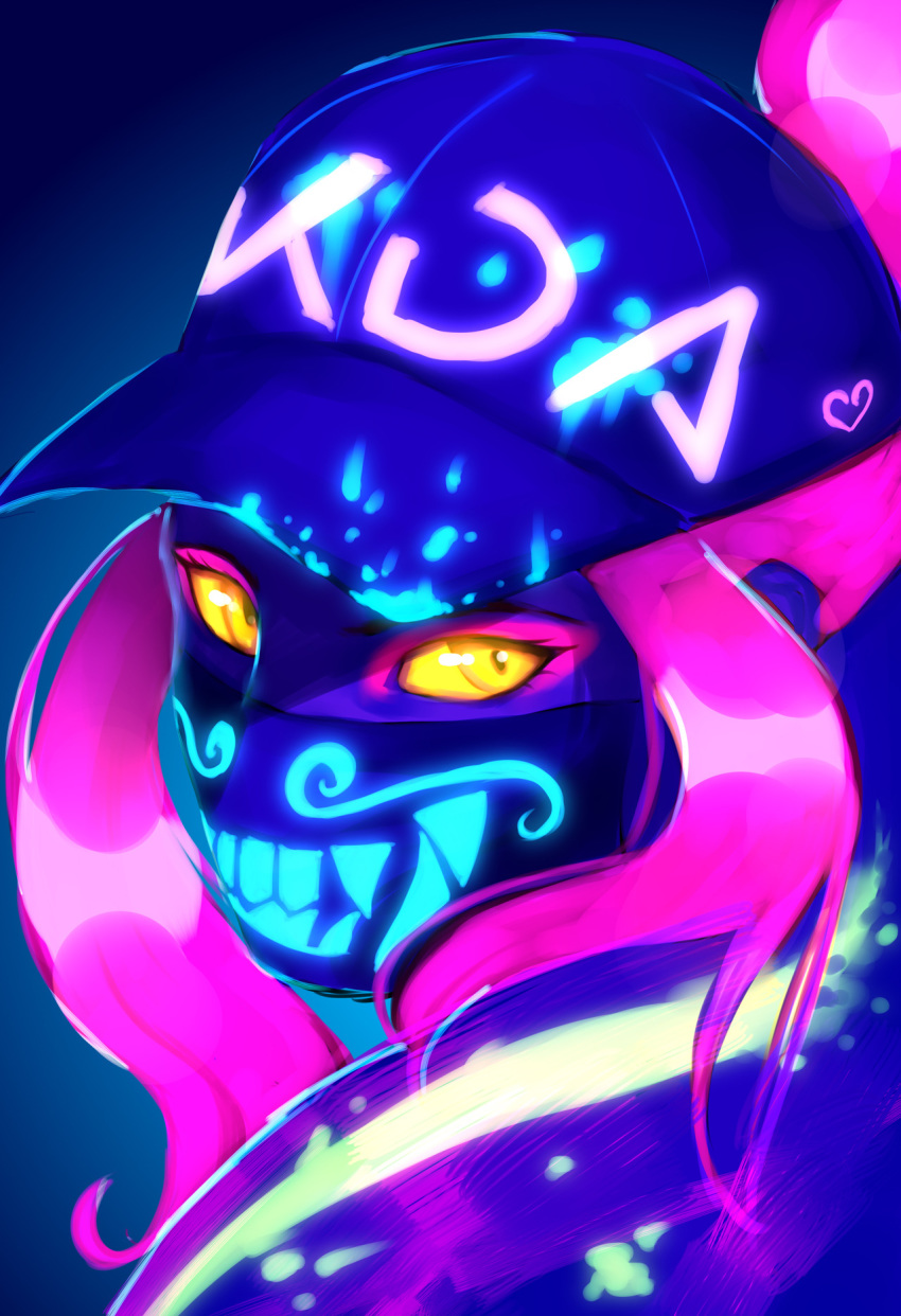 akali baseball_cap close-up commentary english_commentary eyeshadow face face_mask flandraws hat highres idol inverted_colors k/da_(league_of_legends) k/da_akali league_of_legends looking_at_viewer makeup mask neon pink_hair raver solo ultraviolet_light yellow_eyes yellow_sclera