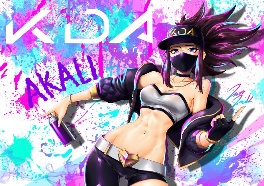 abs akali asymmetrical_clothes bandeau bangle baseball_cap belt belt_buckle black_choker bracelet breasts brown_hair buckle character_name choker cleavage covered_mouth cropped_jacket eyeliner face_mask fingerless_gloves gloves graffiti hat heart highres idol jazzjack jewelry k/da_(league_of_legends) k/da_akali league_of_legends looking_at_viewer makeup mask medium_breasts medium_hair navel necklace off_shoulder puffer_jacket purple_eyes signature single_glove single_pantsleg sleeves_pushed_up slender_waist solo spray_can toned