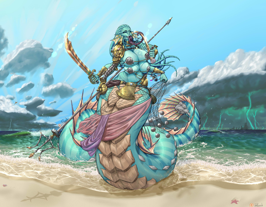 armor beach big_breasts breasts female long_tongue melee_weapon multi_breast naga plasmidhentai polearm reptile scalie seaside snake solo sword tongue trident unconvincing_armor weapon