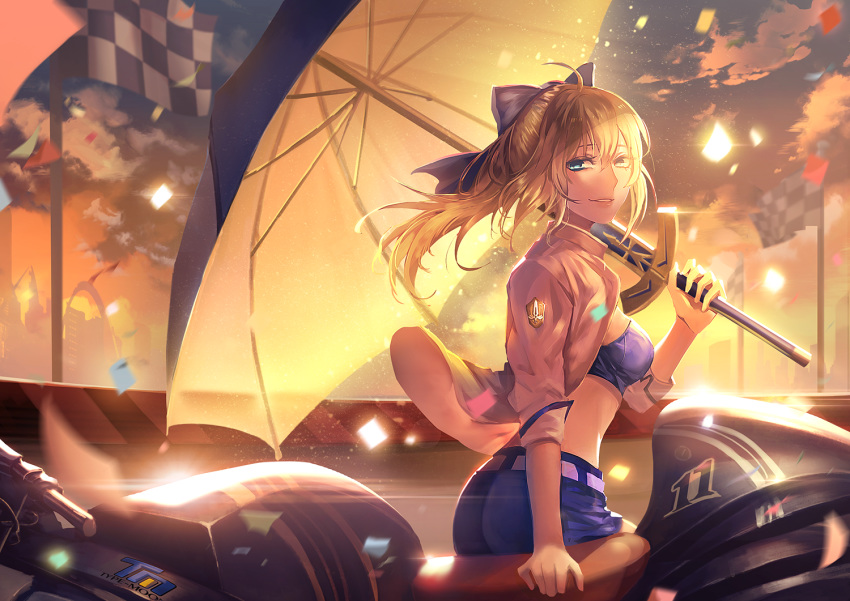 akira_aishi artoria_pendragon_(all) ass blonde_hair blue_bow blue_eyes blue_ribbon blue_shorts bow breasts checkered checkered_flag cloud cloudy_sky commentary elbow_sleeve emblem fate/grand_order fate_(series) flag floating_hair ground_vehicle hair_ribbon holding holding_sword holding_umbrella holding_weapon leaning_on_object long_hair looking_at_viewer medium_breasts midriff motor_vehicle motorcycle open_clothes open_shirt parted_lips ponytail race_queen race_track ribbon saber_lily shirt shorts sky smile solo sunlight sunset sword umbrella weapon