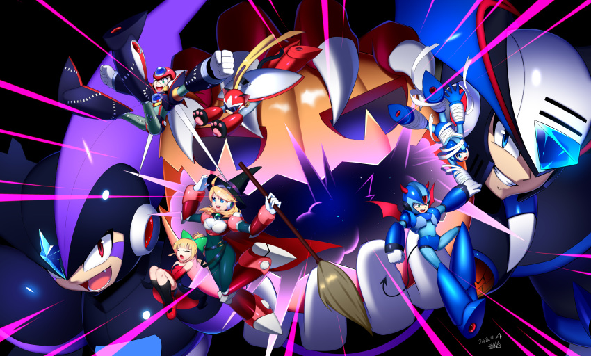 absurdres alia_(rockman) android animal_ears bandages bangs blonde_hair blue_eyes blues_(rockman) blunt_bangs breasts broom buzzsaw_(6631455) cat_ears cat_tail claws closed_eyes demon_horns demon_tail demon_wings dress facial_mark forte_(rockman) gloves green_eyes grin halloween hat helmet highres holding holding_broom horns jack-o'-lantern multiple_girls open_mouth ponytail pumpkin red_dress red_eyes red_footwear robot_ears rockman rockman_(character) rockman_(classic) rockman_x roll shield smile tail white_gloves wings witch_hat x_(rockman) zero_(rockman)