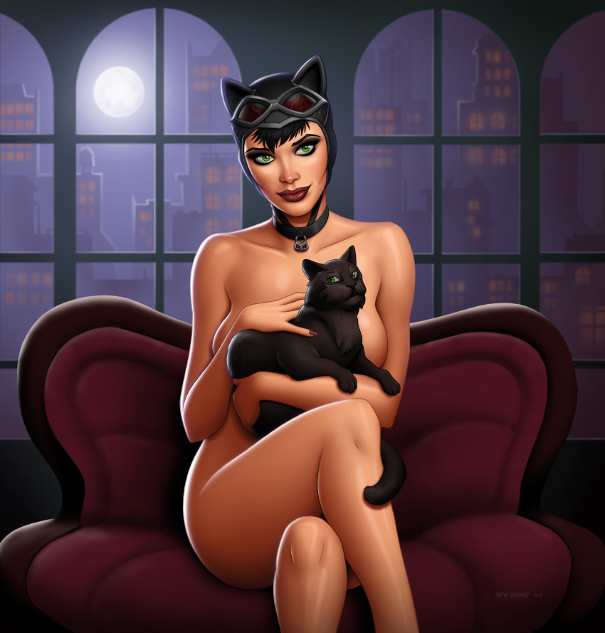 1girl 2014 absurdres arms bare_arms bare_legs batman_(series) breasts catwoman censored covering dc drew_gardner feline female green_eyes highres legs legs_crossed lips looking_at_viewer nude sideboob sitting smile solo tagme thighs