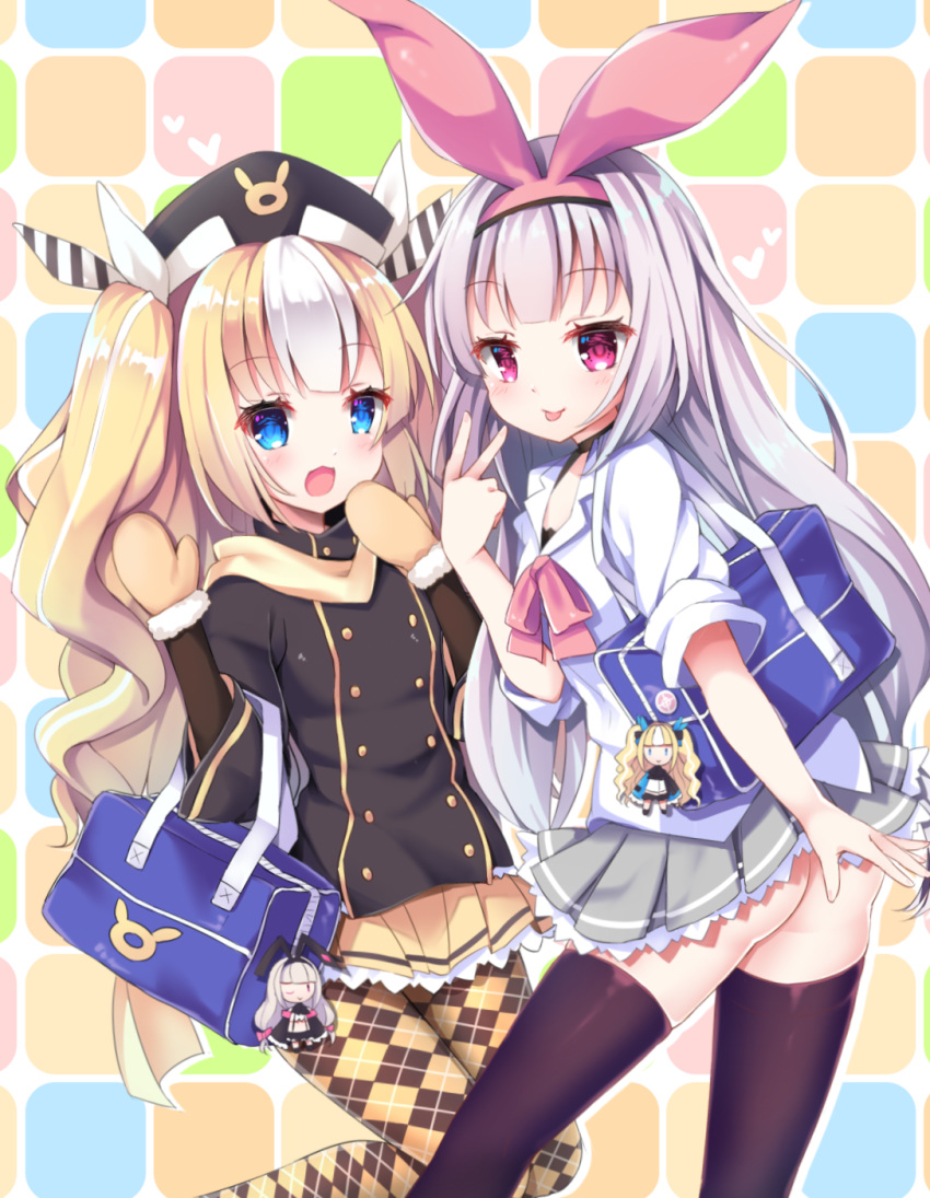 :d :p alternate_costume argyle argyle_legwear ass azur_lane bag bag_charm black_jacket blonde_hair blue_eyes blush brown_legwear brown_mittens character_doll charm_(object) closed_mouth collared_shirt commentary_request diagonal_stripes fur-trimmed_mittens grey_skirt hair_ribbon hat heart highres hobby_(azur_lane) jacket kalk_(azur_lane) karaage3 long_hair long_sleeves looking_at_viewer mittens multicolored_hair multiple_girls open_mouth pantyhose pink_ribbon pleated_skirt purple_eyes ribbon school_bag school_uniform shirt silver_hair skirt smile streaked_hair striped striped_ribbon thighhighs tongue tongue_out v very_long_hair waving white_hair white_ribbon white_shirt yellow_skirt