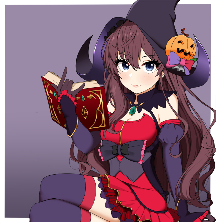 bangs bare_shoulders black_bow blue_eyes blush book border bow breasts brooch brown_hair cleavage closed_mouth commentary_request crossed_legs dress elbow_gloves eyelashes gloves grimoire hair_between_eyes halloween halloween_costume hat highres ichinose_shiki idolmaster idolmaster_cinderella_girls jack-o'-lantern_ornament jewelry long_hair looking_at_viewer medium_breasts nichijo open_book purple_background purple_gloves purple_legwear red_dress simple_background sitting smile solo thighhighs thighs underbust wavy_hair white_border witch_hat