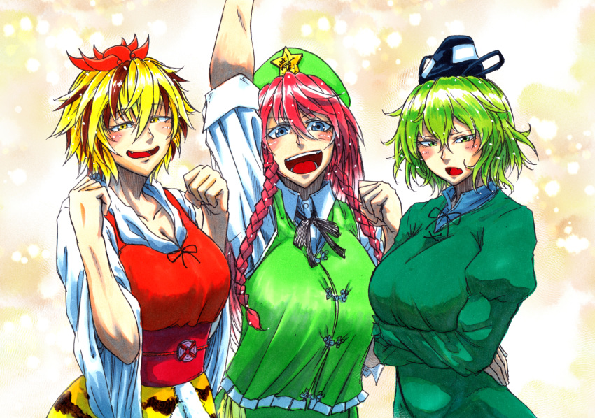 arm_up bangs blonde_hair blue_eyes blush braid breasts brown_hair cleavage clenched_hands commentary_request crossed_arms dress eyebrows_visible_through_hair fangs green_dress green_eyes green_hair hair_between_eyes half-closed_eyes hand_up hands_up hat hong_meiling koyubi_(littlefinger1988) large_breasts long_hair long_sleeves looking_at_viewer multicolored_hair multiple_girls open_mouth outstretched_arm red_hair shirt short_hair short_sleeves side_braid smile soga_no_tojiko star tate_eboshi toramaru_shou touhou twin_braids two-tone_hair upper_body vest wide_sleeves yellow_eyes