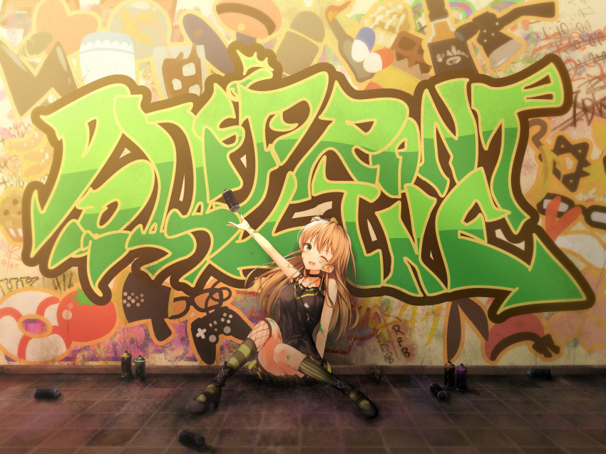 ai_ai_gasa blonde_hair choker eyebrows_visible_through_hair girls_frontline graffiti green_eyes highres huge_filesize jewelry long_hair looking_at_viewer mage_(335656) necklace one_eye_closed open_mouth paint_splatter rfb_(girls_frontline) sitting solo spray_can spray_paint