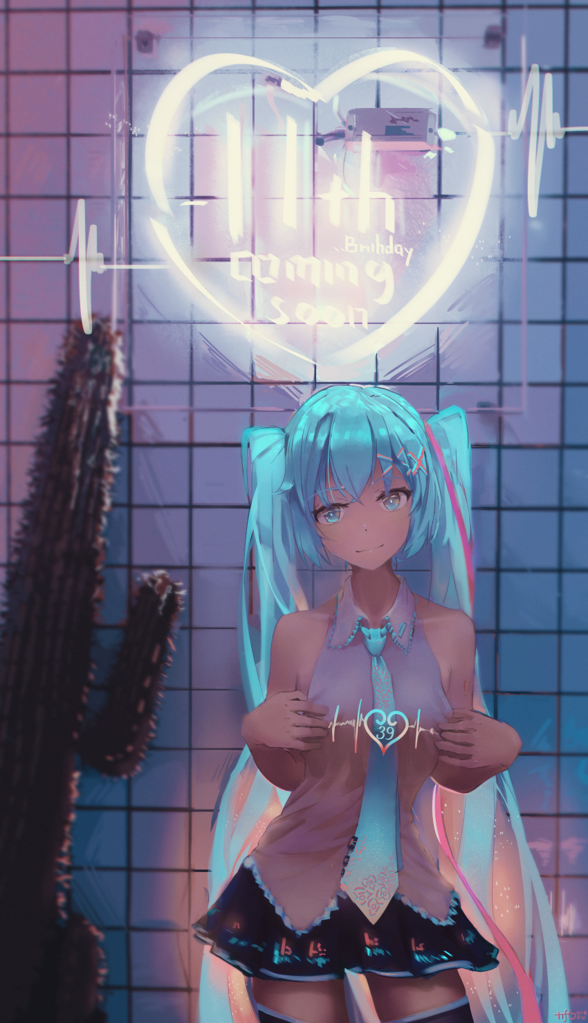 absurdres aqua_eyes aqua_hair aqua_neckwear bare_arms bare_shoulders black_legwear cactus closed_mouth detached_sleeves eyebrows_visible_through_hair glowing hair_ornament hairclip hands_on_own_chest hatsune_miku heart highres long_hair looking_at_viewer necktie neon_lights print_neckwear pulled_by_self skirt sleeveless smile solo thighhighs tifg39 tile_wall tiles twintails very_long_hair vocaloid x_hair_ornament