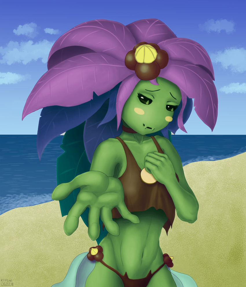 absurdres armpits artist_name bad_anatomy beach big_hair black_sclera blue_sky blush_stickers breasts brown_choker brown_swimsuit choker cloud cloudy_sky collarbone day fangs floran furrowed_eyebrows green_eyes green_skin half-closed_eyes hand_on_own_chest highres horizon klifflod leaf looking_away mismatched_eyebrows monster_girl navel neck nervous nervous_smile ocean outdoors outstretched_arm outstretched_hand plant_girl plant_hair purple_hair sand self_upload sky slit_pupils solo starbound swimsuit tankini