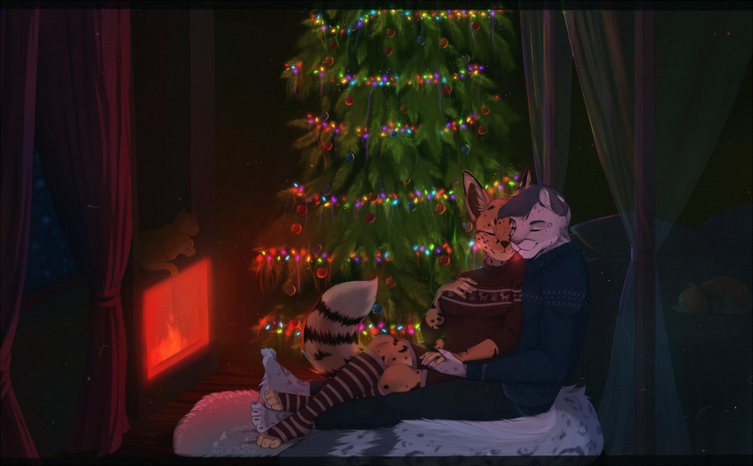 anthro breasts christmas christmas_tree clothed clothing dafka duo eyes_closed feline female fireplace hand_holding hand_on_breast holidays inside male male/female mammal sitting smile tree