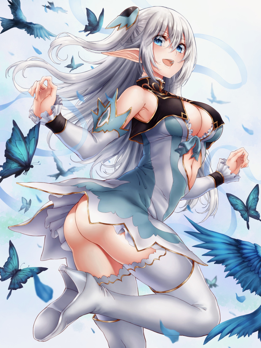 :d absurdres altina_(shining_blade) aqua_eyes ass boots breasts commentary_request elf highres hikari_(komitiookami) long_hair long_pointy_ears no_panties open_mouth pointy_ears shining_(series) shining_blade silver_hair smile solo thigh_boots thighhighs thighs twintails