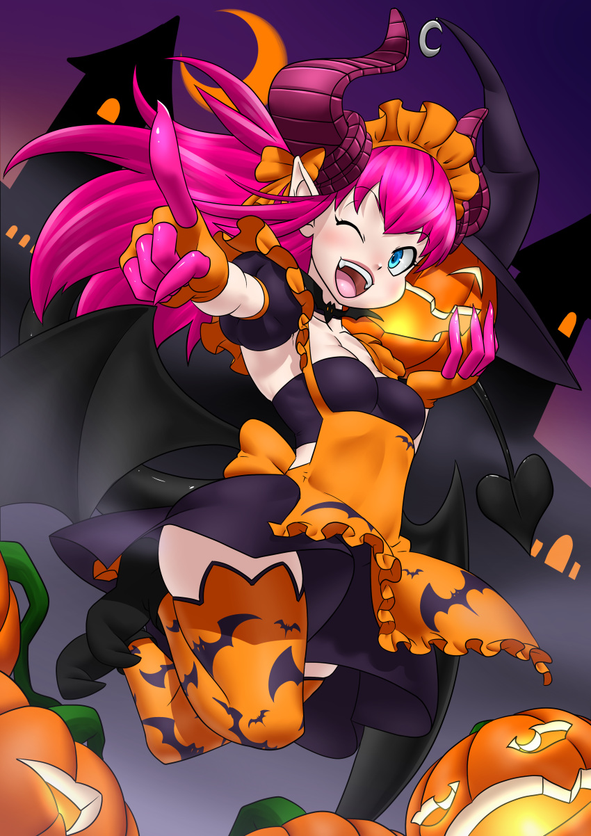 absurdres aesir apron asymmetrical_horns blue_eyes blush breasts commentary curled_horns demon_tail dragon_girl dragon_horns dress elizabeth_bathory_(fate)_(all) elizabeth_bathory_(halloween)_(fate) fate/grand_order fate_(series) frills halloween halloween_costume hat highres horns idol jack-o'-lantern long_hair looking_at_viewer maid maid_cap maid_headdress open_mouth pink_hair pointy_ears pumpkin smile solo tail thighhighs victorian_maid witch_hat