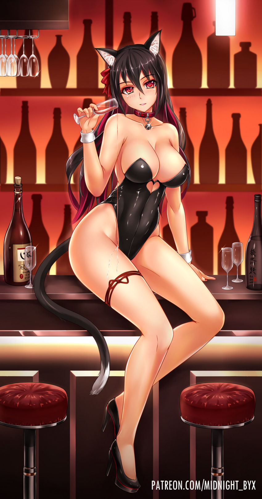 animal_ears bar bare_shoulders bell bell_collar black_hair black_leotard breasts cat_ears cat_tail cleavage collar cup drinking_glass eyebrows_visible_through_hair fake_animal_ears hair_ribbon hairband high_heels highleg highleg_leotard highres holding holding_cup jingle_bell kittysuit large_breasts leotard long_hair looking_at_viewer midnight_(banyex) multicolored_hair original parted_lips patreon_username pouring red_eyes ribbon sitting solo strapless strapless_leotard tail thigh_strap two-tone_hair watermark web_address wrist_cuffs