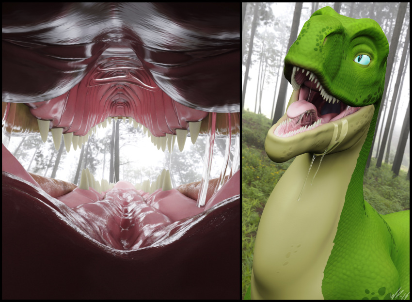 2018 3d_(artwork) digital_media_(artwork) dinosaur drooling female female_pred hi_res larger_female mouth_shot open_mouth outside saliva scalie size_difference teeth theropod throat tongue verde vore whiteperson