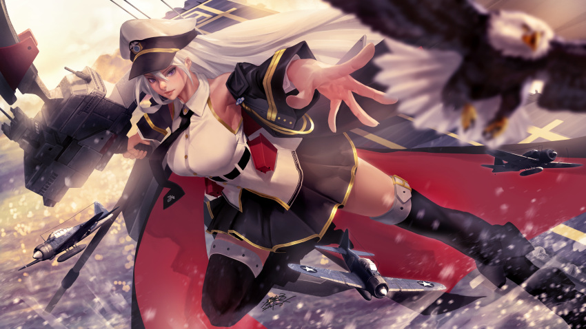 absurdres aircraft azur_lane bangs bird black_legwear black_skirt bow_(weapon) breasts commentary_request eagle enterprise_(azur_lane) hair_between_eyes hat highres jacket large_breasts long_hair looking_at_viewer md5_mismatch miniskirt necktie ocean peaked_cap pleated_skirt purple_eyes revision santa_fung shirt silver_hair skirt sleeveless smile solo thighhighs very_long_hair weapon
