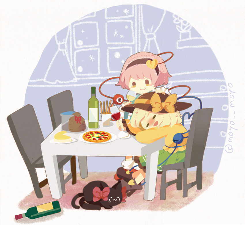 alcohol alternate_hair_color black_cat black_hat blonde_hair blush bottle bow cat chair cheese commentary_request cup curtains drinking_glass drunk eyeball flower food green_skirt hair_ornament hairband hat hat_bow hat_ribbon heart heart_hair_ornament heart_of_string holding holding_cup kaenbyou_rin kaenbyou_rin_(cat) komeiji_koishi komeiji_satori long_sleeves moyo_(amaniwa) pink_hair pizza plant plate potted_plant ribbon shoes siblings sisters sitting skirt smile solid_oval_eyes table third_eye touhou twitter_username wide_sleeves window wine wine_bottle wine_glass