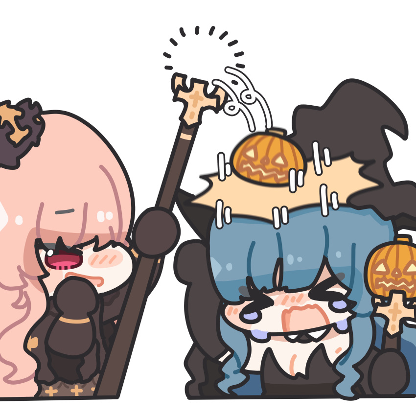 &gt;_&lt; 2girls absurdres azur_lane black_gloves blue_hair chibi clemenceau_(azur_lane) gloves halloween halloween_costume hat highres holding holding_staff marco_polo_(azur_lane) multiple_girls official_art open_mouth orange_hair pumpkin red_hair simple_background staff white_background witch_hat