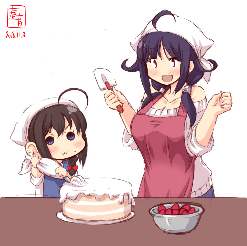 :3 alternate_costume antenna_hair apron artist_logo bakery baking bare_shoulders blush braid breasts cake cleavage collarbone commentary_request cooking cream dated denim eyebrows_visible_through_hair food fruit hair_flaps hair_over_shoulder head_scarf highres indoors jeans kanon_(kurogane_knights) kantai_collection kitchen large_breasts long_hair low_twintails mixing_bowl multiple_girls open_mouth pants pastry_bag red_eyes ryuuhou_(kantai_collection) shigure_(kantai_collection) shop signature simple_background single_braid sleeves_rolled_up smile spatula strawberry sweatdrop sweater table taigei_(kantai_collection) turtleneck turtleneck_sweater twintails white_background white_sweater younger