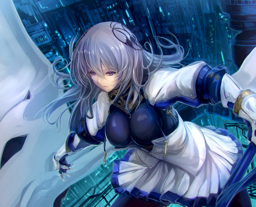 azur_lane bangs breastplate breasts brown_legwear commentary_request corset diamond_(shape) fleur_de_lis floating_hair gauntlets grey_hair hair_between_eyes hair_ornament half-closed_eyes highres holding holding_polearm holding_weapon large_breasts left-handed long_hair looking_away machinery miniskirt mole mole_under_eye pantyhose parted_lips pleated_skirt polearm red_eyes saint-louis_(azur_lane) serious sidelocks skirt solo spear tenmaso weapon white_footwear white_skirt