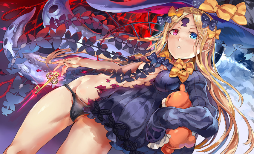 abigail_williams_(fate/grand_order) ass_visible_through_thighs bangs bare_shoulders black_bow black_dress black_hat black_panties blonde_hair blue_eyes blush bow breasts commentary_request dress dual_persona fate/grand_order fate_(series) forehead hair_bow hat heterochromia himuro_(dobu_no_hotori) hips key keyhole long_hair long_sleeves looking_at_viewer navel orange_bow panties parted_bangs parted_lips polka_dot polka_dot_bow red_eyes ribbed_dress sleeves_past_fingers sleeves_past_wrists solo split_theme stuffed_animal stuffed_toy teddy_bear tentacles thighs torn_clothes torn_dress underwear witch_hat