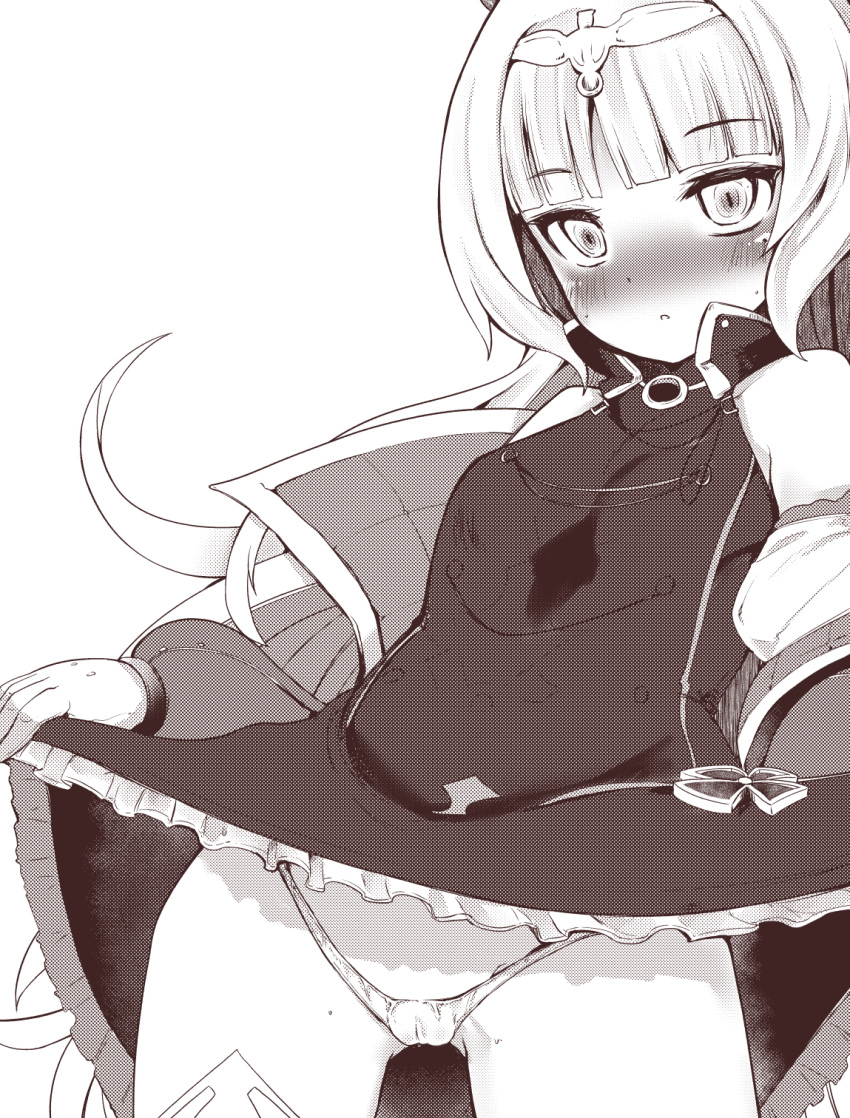 :o ass_visible_through_thighs azur_lane bangs blunt_bangs blush breasts cameltoe commentary_request dress dress_lift eyebrows_visible_through_hair frilled_dress frills gloves head_tilt headpiece highres jacket lifted_by_self long_hair long_sleeves mole mole_under_eye nose_blush open_clothes open_jacket panties parted_lips puffy_long_sleeves puffy_sleeves sidelocks simple_background small_breasts solo takara_akihito underwear very_long_hair white_background z46_(azur_lane)