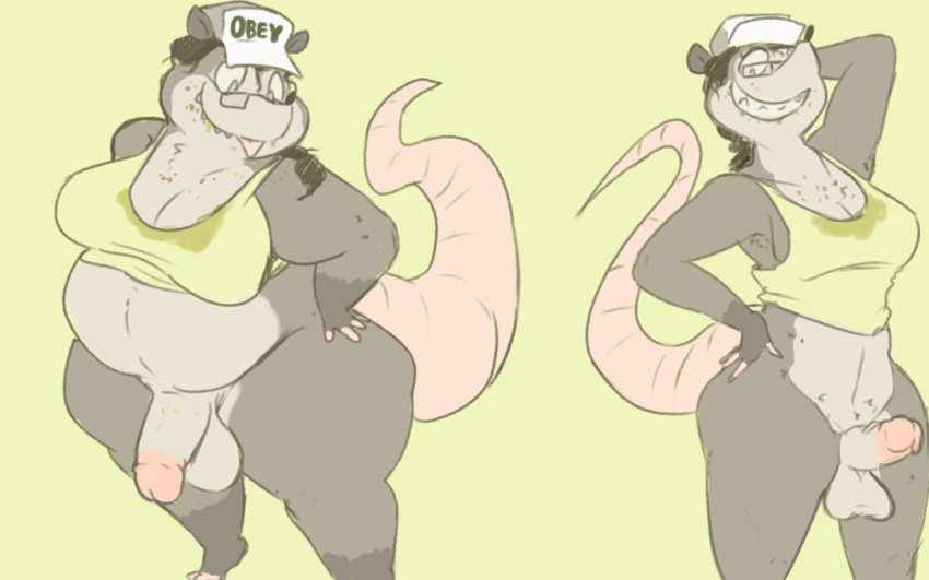 2018 anthro balls big_breasts black_hair black_nose bottomless breasts clothed clothing dickgirl digital_media_(artwork) erection eyewear glasses grey_eyes hair hat humanoid_penis intersex low_res mammal marsupial obese opossum overweight penis sharp_teeth simple_background slightly_chubby smile standing teeth thick_thighs tongue trish_(4chan) voluptuous wide_hips