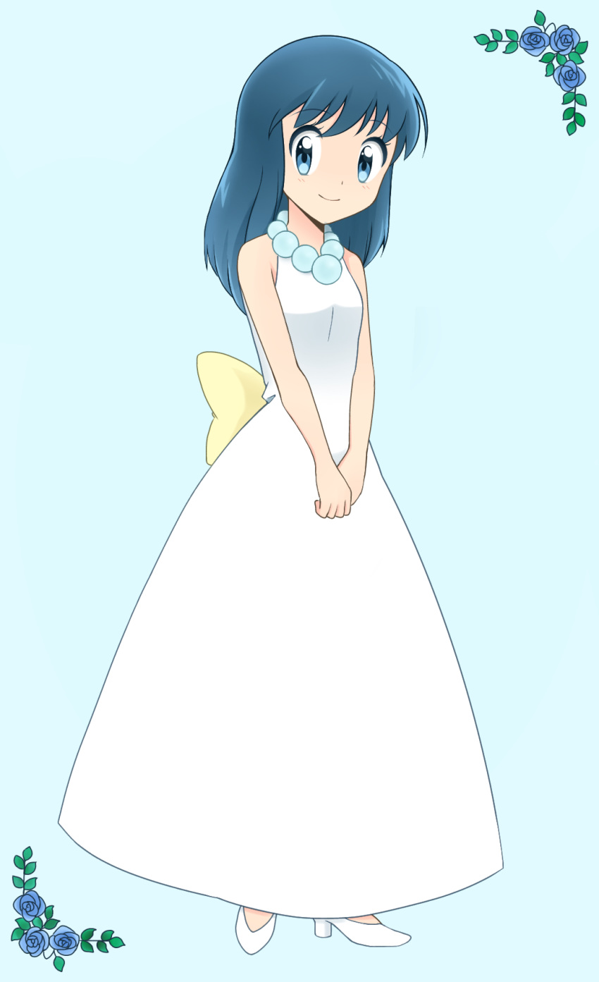 blue_background blue_eyes blue_flower blue_hair blue_rose bow dress eyebrows_visible_through_hair flower full_body highres hikari_(pokemon) jewelry koudzuki_(reshika213) long_dress long_hair necklace pokemon pokemon_(game) pokemon_dppt rose simple_background sleeveless sleeveless_dress smile solo standing white_dress yellow_bow